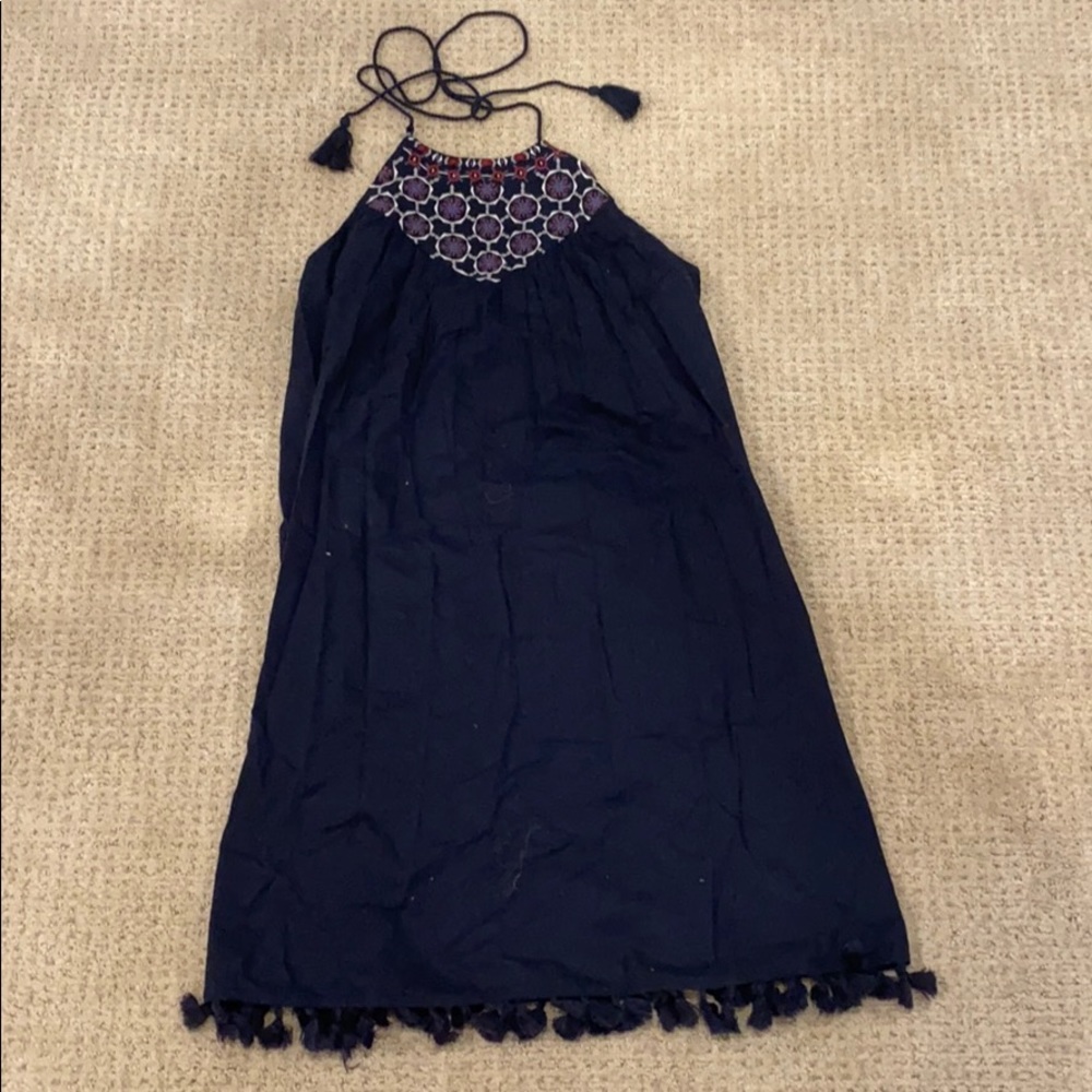 Navy Embroidered Halter Dress w/ Tassels